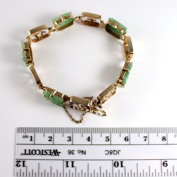 VINTAGE JADE CARVED GREEN CHINESE 14K YELLOW GOLD BRACELET - Picture 10 of 12